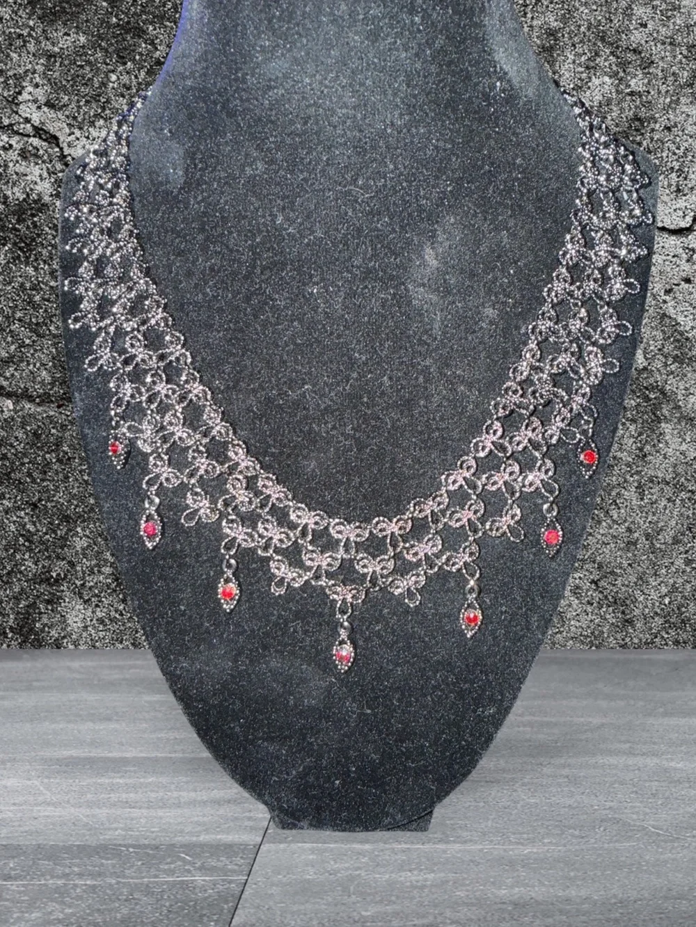 Gunmetal Lace Necklace with Ruby Red Crystal Dangles| Gothic Victorian 16”w/Ext